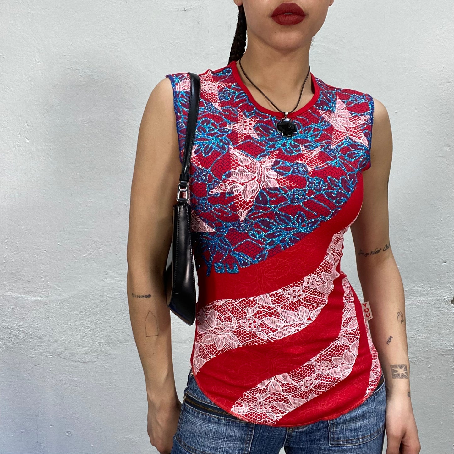 Vintage 2000's Funky Red Lace US Flag Print Tank Top (S)