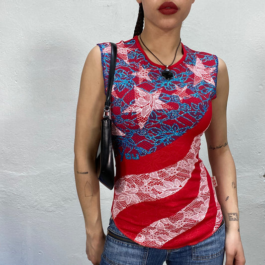 Vintage 2000's Funky Red Lace US Flag Print Tank Top (S)