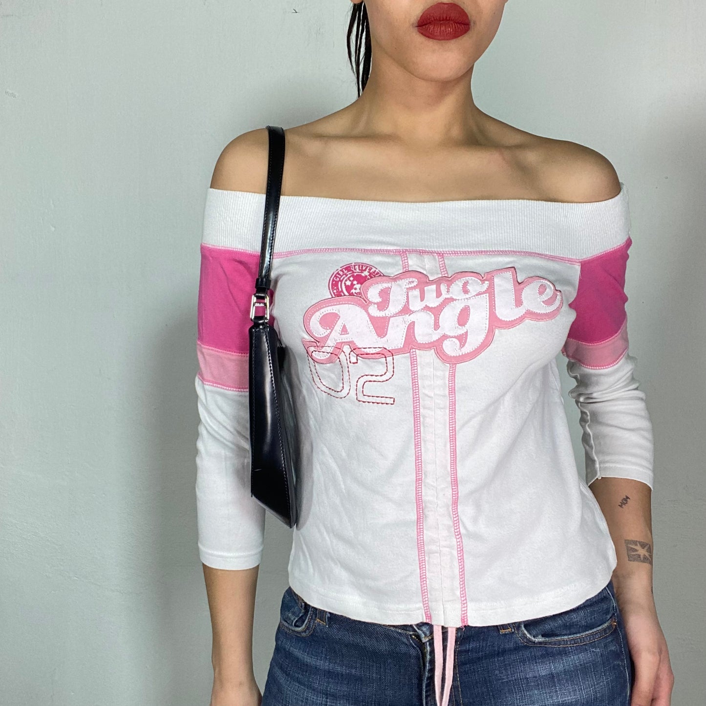 Vintage 2000's Sporty White Off Shoulder Top with Scrunch Detail and 'two Angel' Print (M)