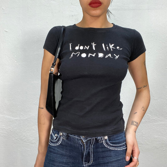 Vintage 2000's Grunge Black Baby Tee with 'I don't Like Monday' Print (S)