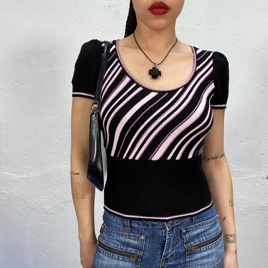 Vintage 90's Funky Black Summer Knit Shirt with Purple and White Stripes (S)