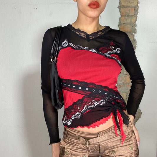 Vintage 2000's Grunge Black and Red Longsleeve Top with Safety Pin and Lace Details (S)