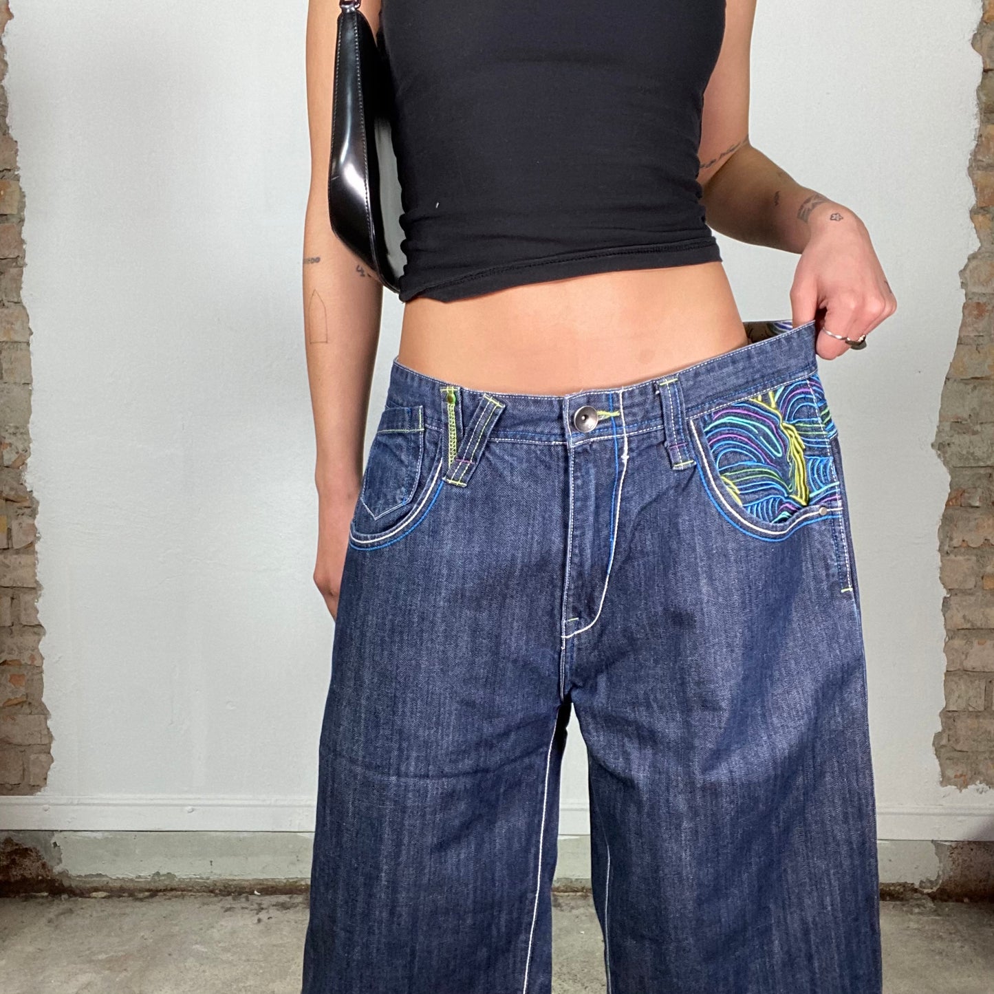 Vintage 2000's Cyber Jorts with Green and Blue Swirly Embroidery (L)