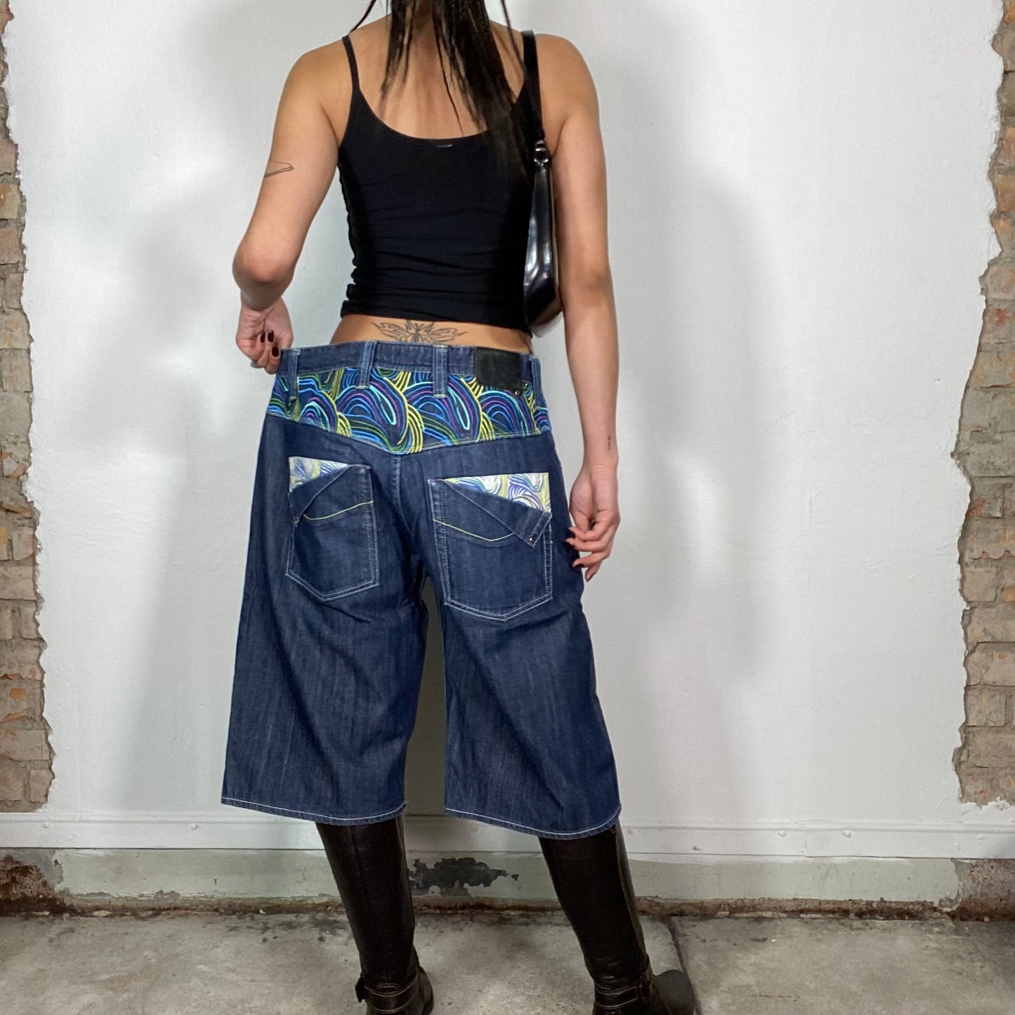 Vintage 2000's Cyber Jorts with Green and Blue Swirly Embroidery (L)