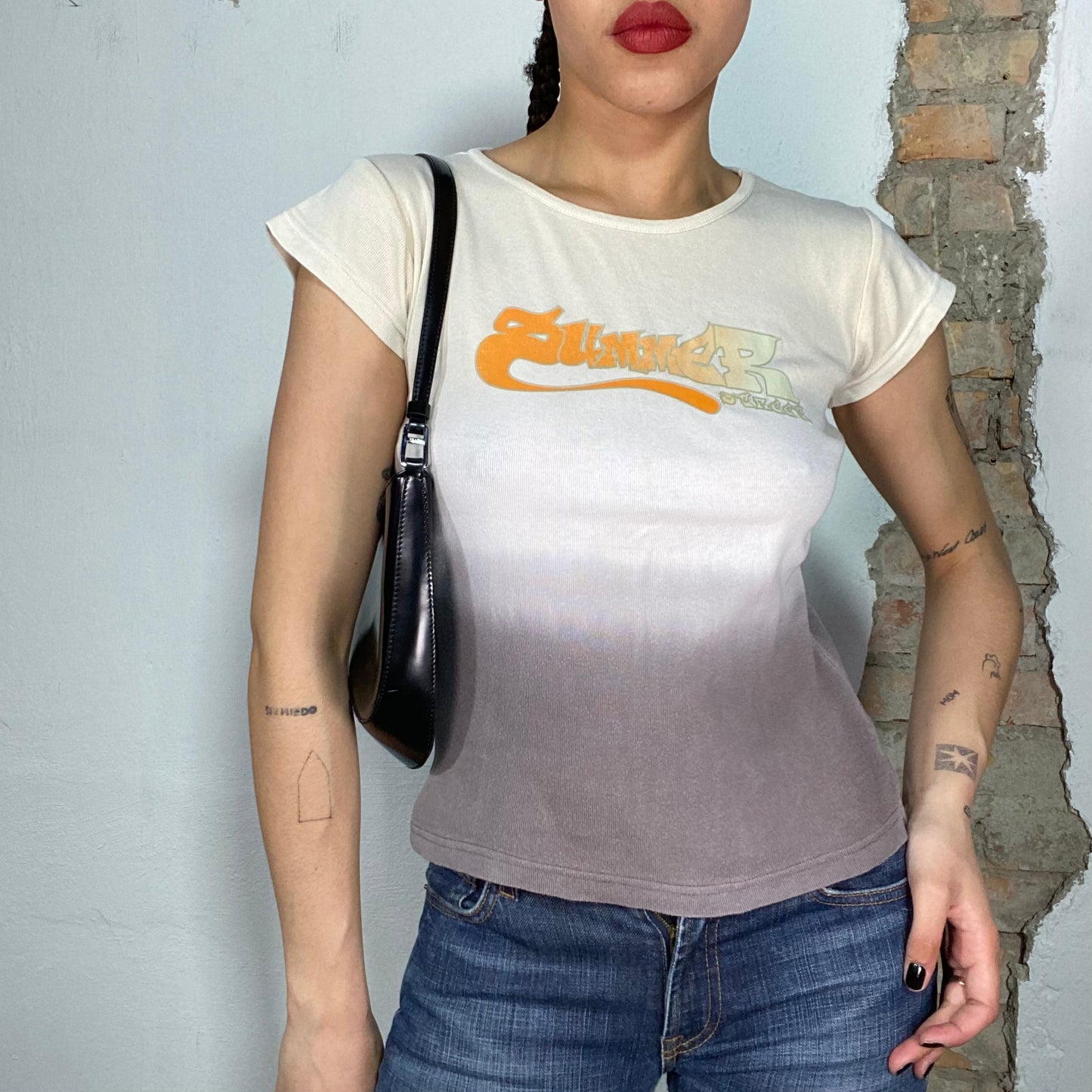 Vintage 2000's Streetstyle Beige and Grey Baby Tee with 'Summer' Print (S)