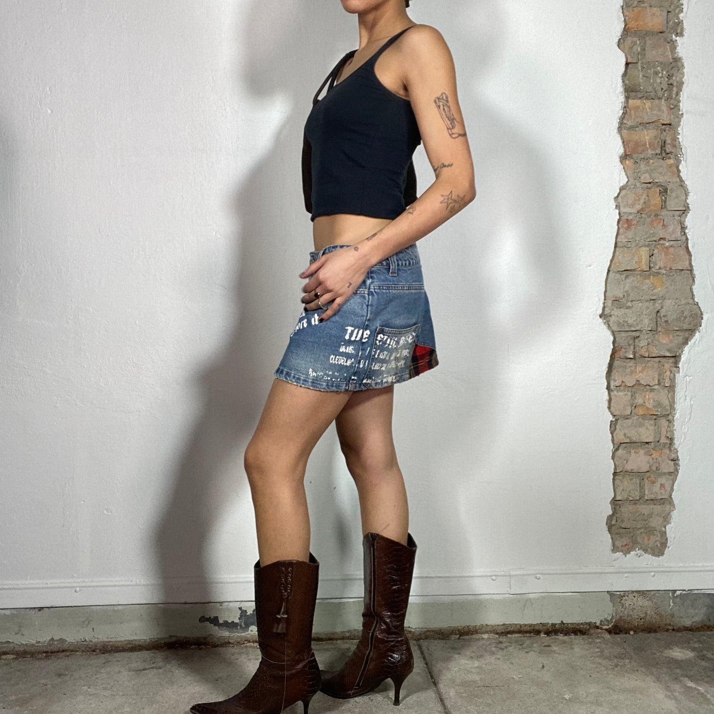 Vintage 90's Grunge Denim Mini Skirt with Plaid and Writing Details (M)