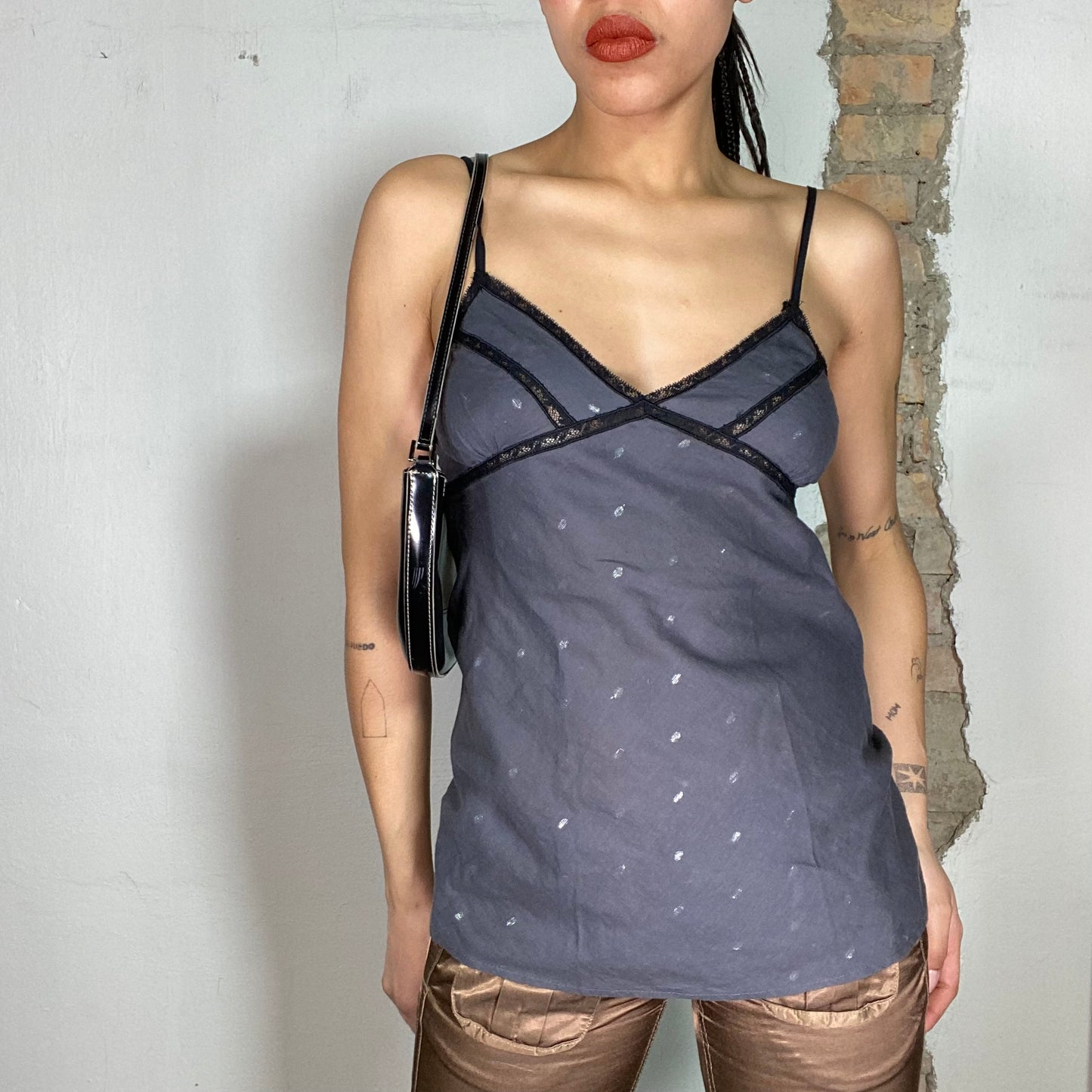 Vintage 2000's Downtown Girl Grey Cami Top with Black Lace Trim Details (S)