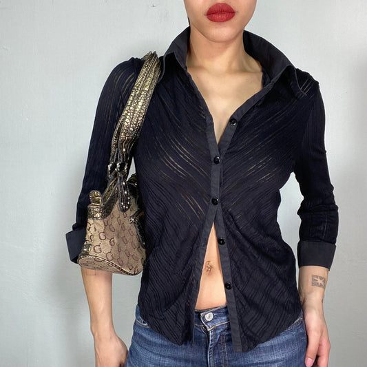 Vintage 2000's Classic Mesh Striped Button Up Blouse (M)