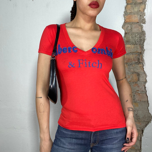 Vintage 2000's Abercrombie Red V-Neck Shirt with Blue Logo Print (S)