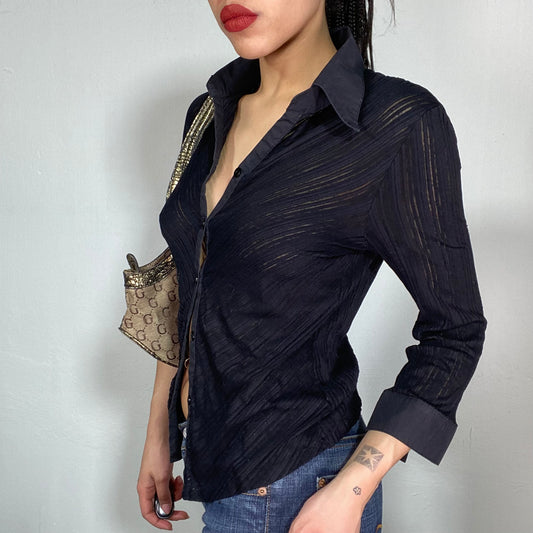 Vintage 2000's Classic Mesh Striped  Button Up Blouse (M)