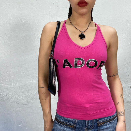 Vintage 2000's Skater Hot Pink Top with Black 'J'Adore' Print (S)