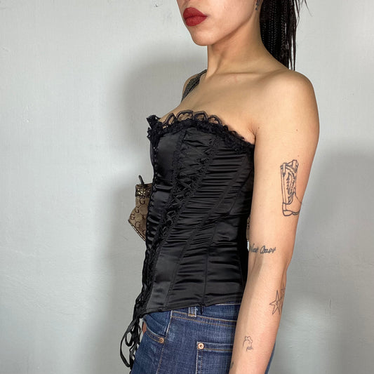 Vintage 2000's Gothic Black Corset Top with Lace Up Details and Hook and Eye Closing (S/M)