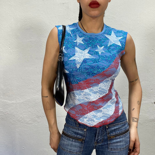 Vintage 2000's Funky Blue Lace US Flag Print Tank Top (S)