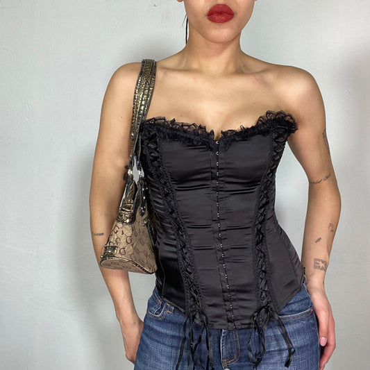 Vintage 2000's Gothic Black Corset Top with Lace Up Details and Hook and Eye Closing (S/M)