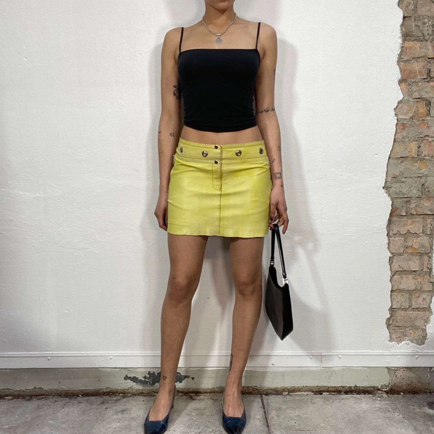 Vintage 2000's Downtown Girl Yellow Leather Mini Skirt with Eyelids Waistband (S/M)