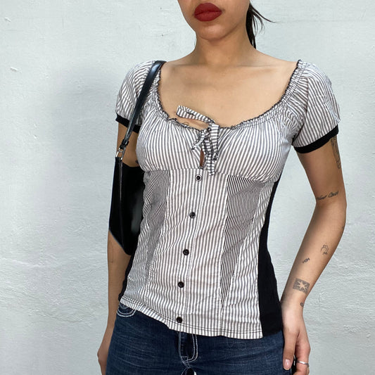 Vintage 2000's Ballerina White Striped Short Sleeve Button Up Shirt (S)