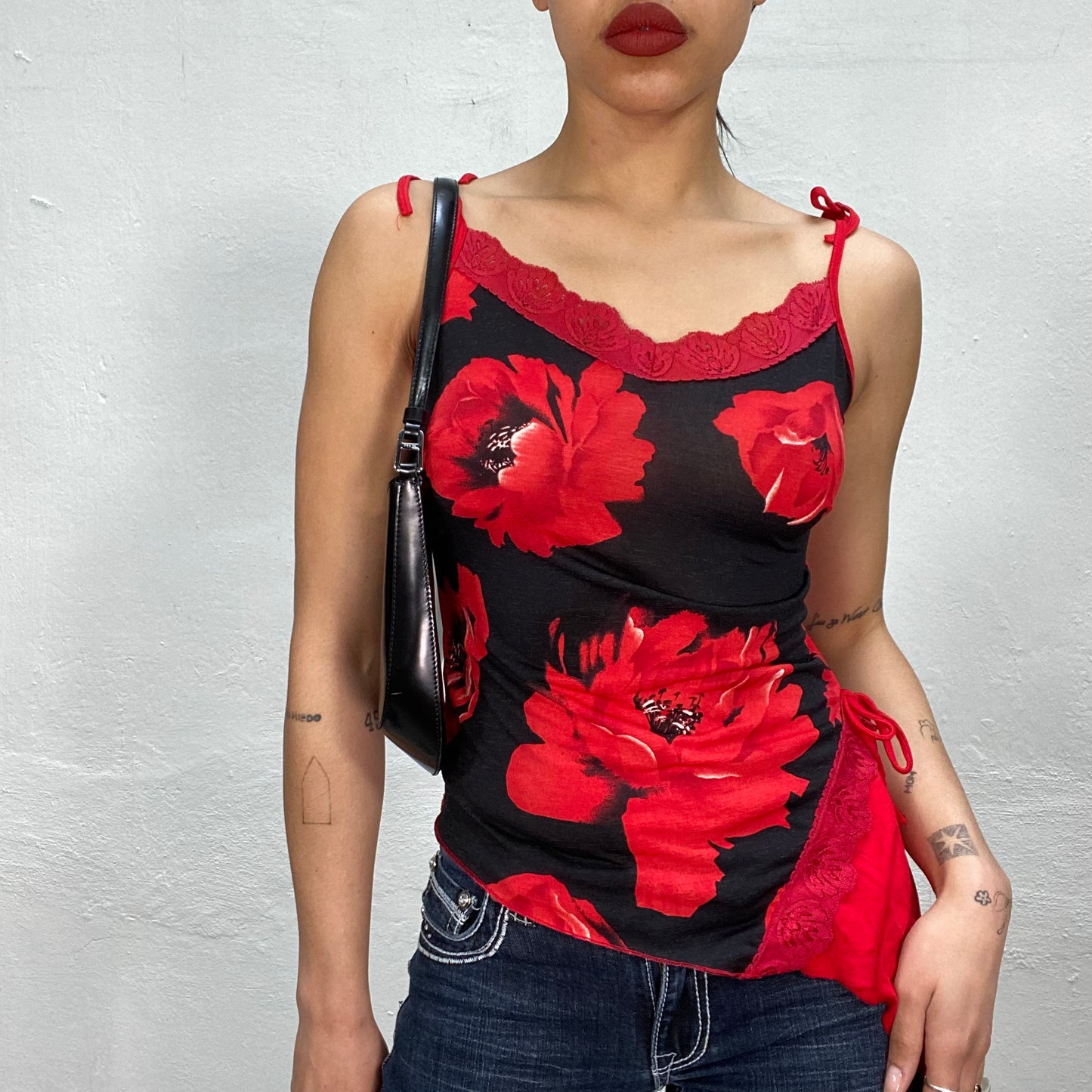 Vintage 2000's Model off Duty Red and Black Top with Rose Print and Lace Details (S)