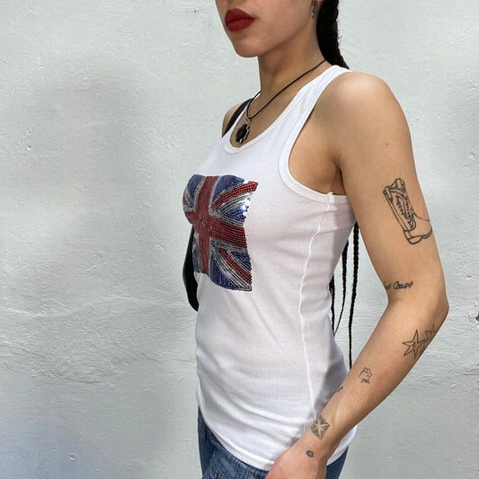 Vintage 2000's Funky White Ribbed tank Top with Sequin US Flag Print (S)