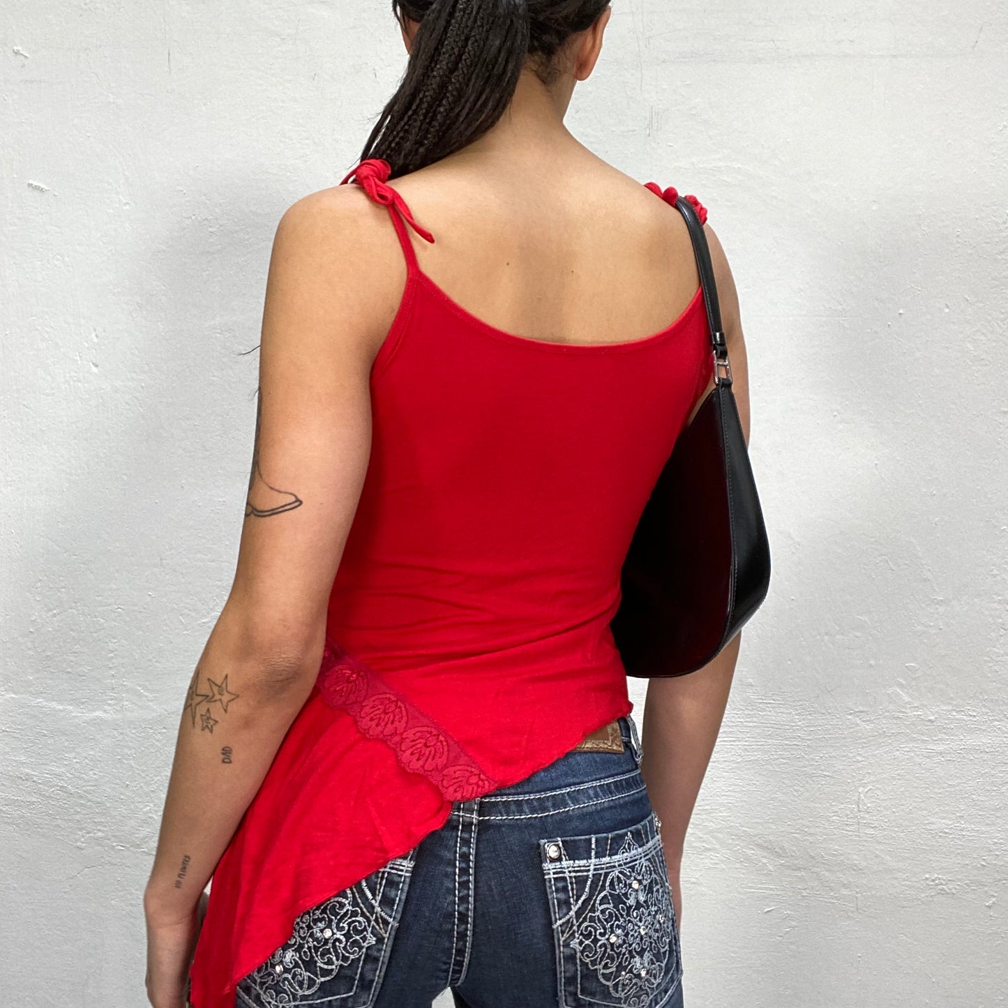 Vintage 2000's Model off Duty Red and Black Top with Rose Print and Lace Details (S)