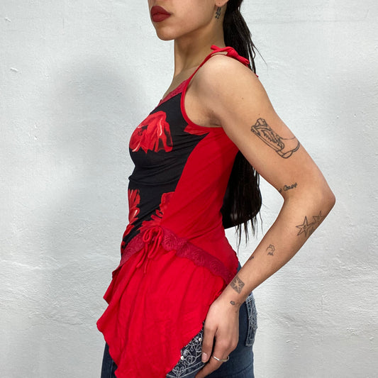 Vintage 2000's Model off Duty Red and Black Top with Rose Print and Lace Details (S)