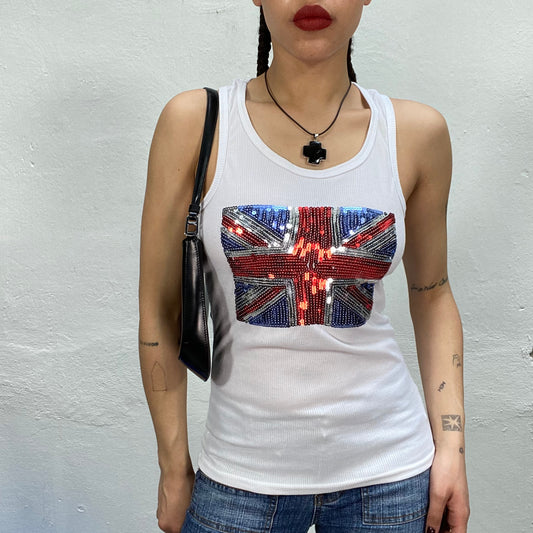 Vintage 2000's Funky White Ribbed tank Top with Sequin US Flag Print (S)