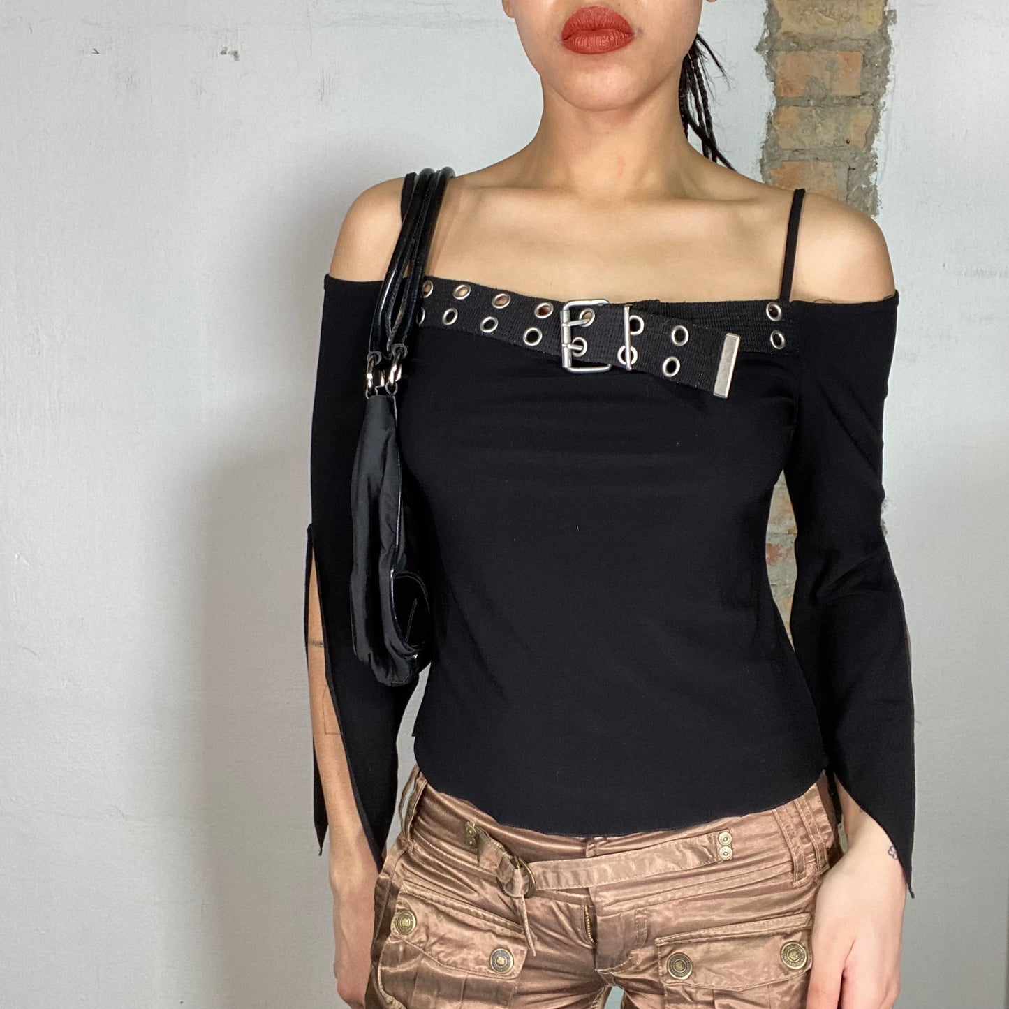 Vintage 2000's Grunge Black Off Shoulder Top with Belt Detail (S/M)