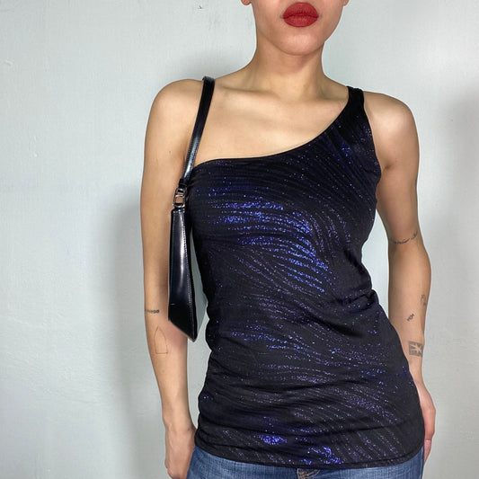 Vintage 2000's Clubwear Black and Blue Glittery One Shoulder Top (M)