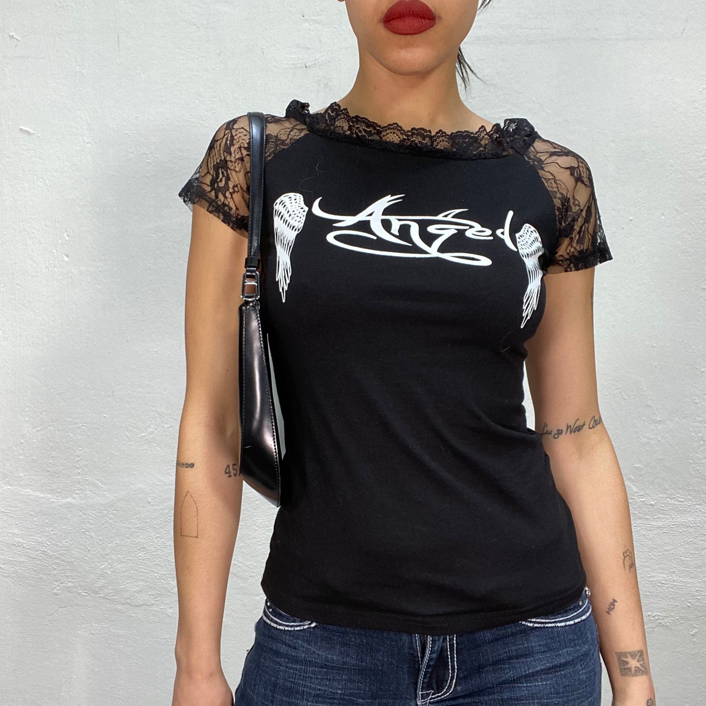 Vintage 2000's Gothic Black 'Angel' Shirt with Wing Print and Slit Details (S/M)