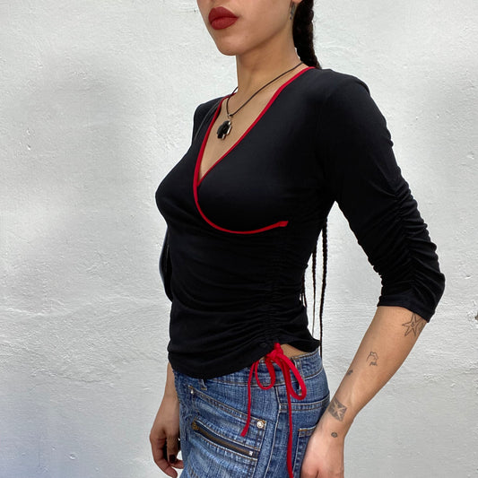 Vintage 90's Downtown Girl Black Wrap Top with Red Hem (S)