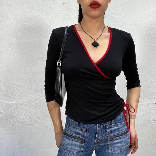 Vintage 90's Downtown Girl Black Wrap Top with Red Hem (S)