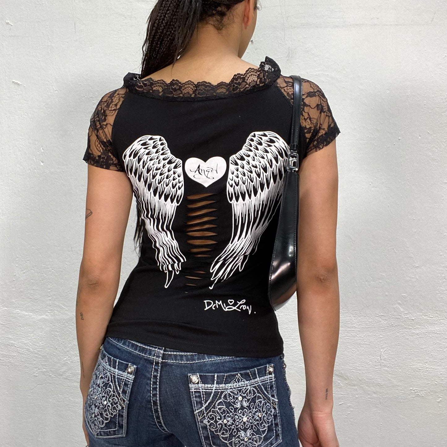 Vintage 2000's Gothic Black 'Angel' Shirt with Wing Print and Slit Details (S/M)