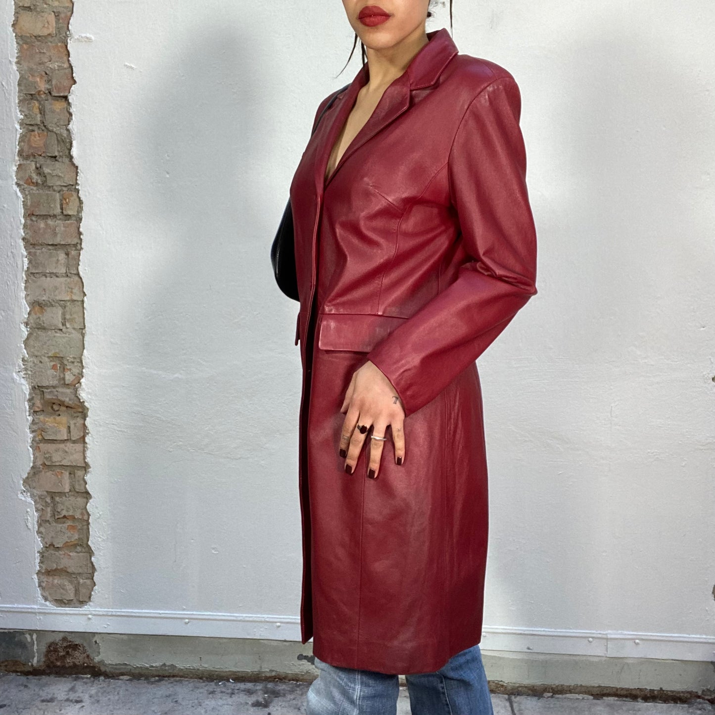 Vintage 90's Classic Bordeaux Leather Midi Coat (S)