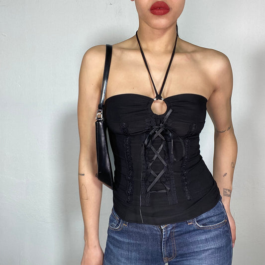 Vintage 2000's Gothic Black Halter Neck Top with Ring and Ruffle Details (S)