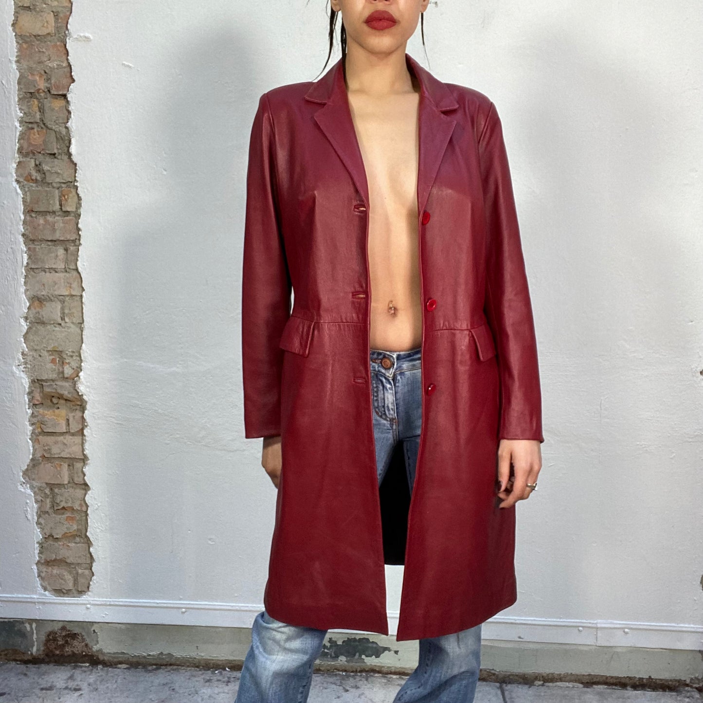 Vintage 90's Classic Bordeaux Leather Midi Coat (S)