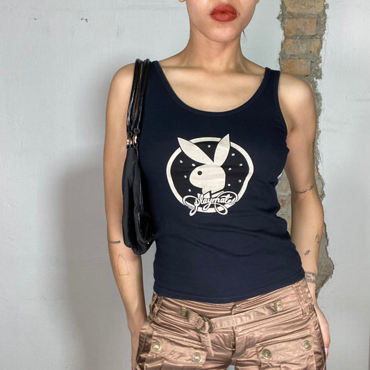 Vintage 2000's Playboy Black Tanktop with 'Playmate' and Bunny Print (S/M)