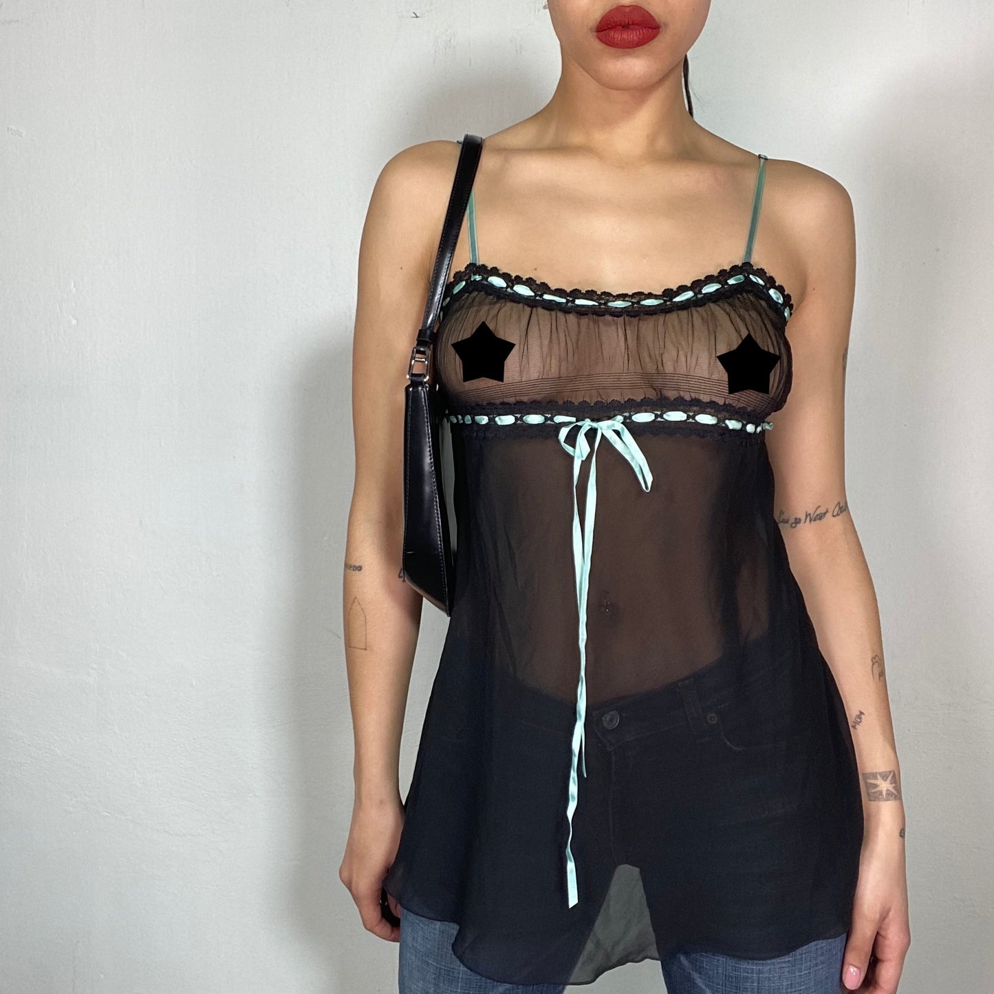 Vintage 2000's Lingerie Black Mesh Cami Dress/Top with Blue Ribbon Details (S)