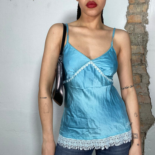 Vintage 2000's Indie Baby Blue Silky Cami Top with White Lace Trim (S)