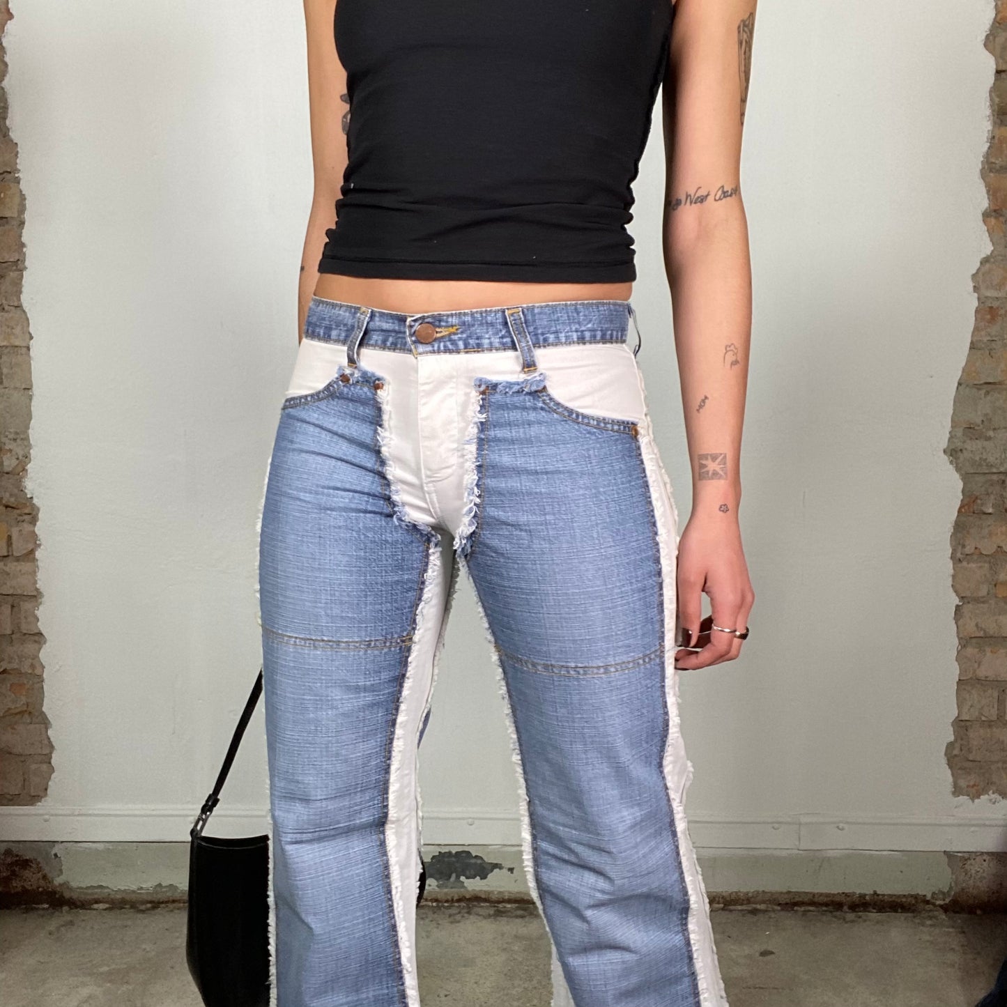 Vintage 2000's Grunge Flared White Pants with Jeans Patches S