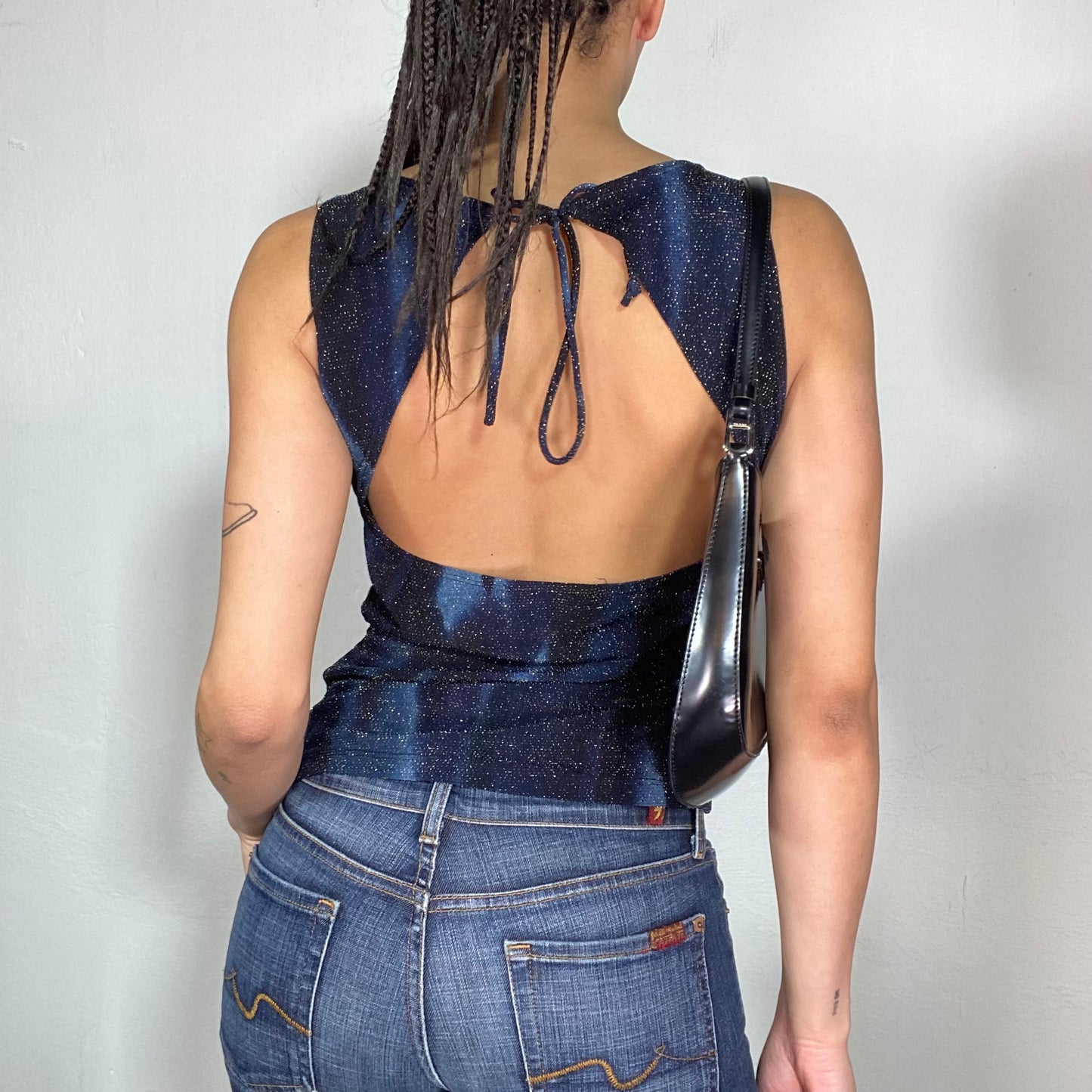 Vintage 2000's Clubwear Black and Blue Smoky Backless Top with Gold Sparkles (S)