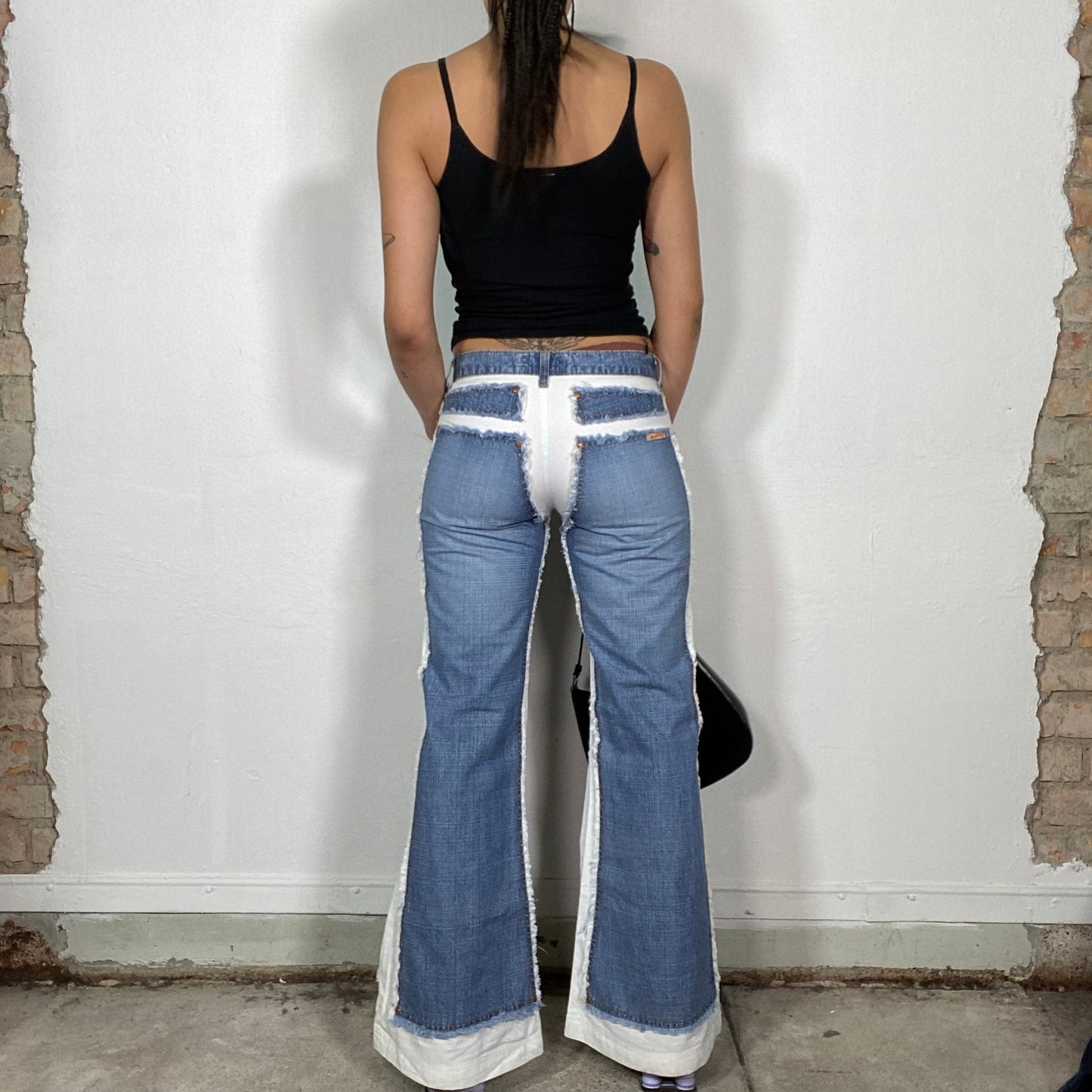 Vintage 2000's Grunge Flared White Pants with Jeans Patches S