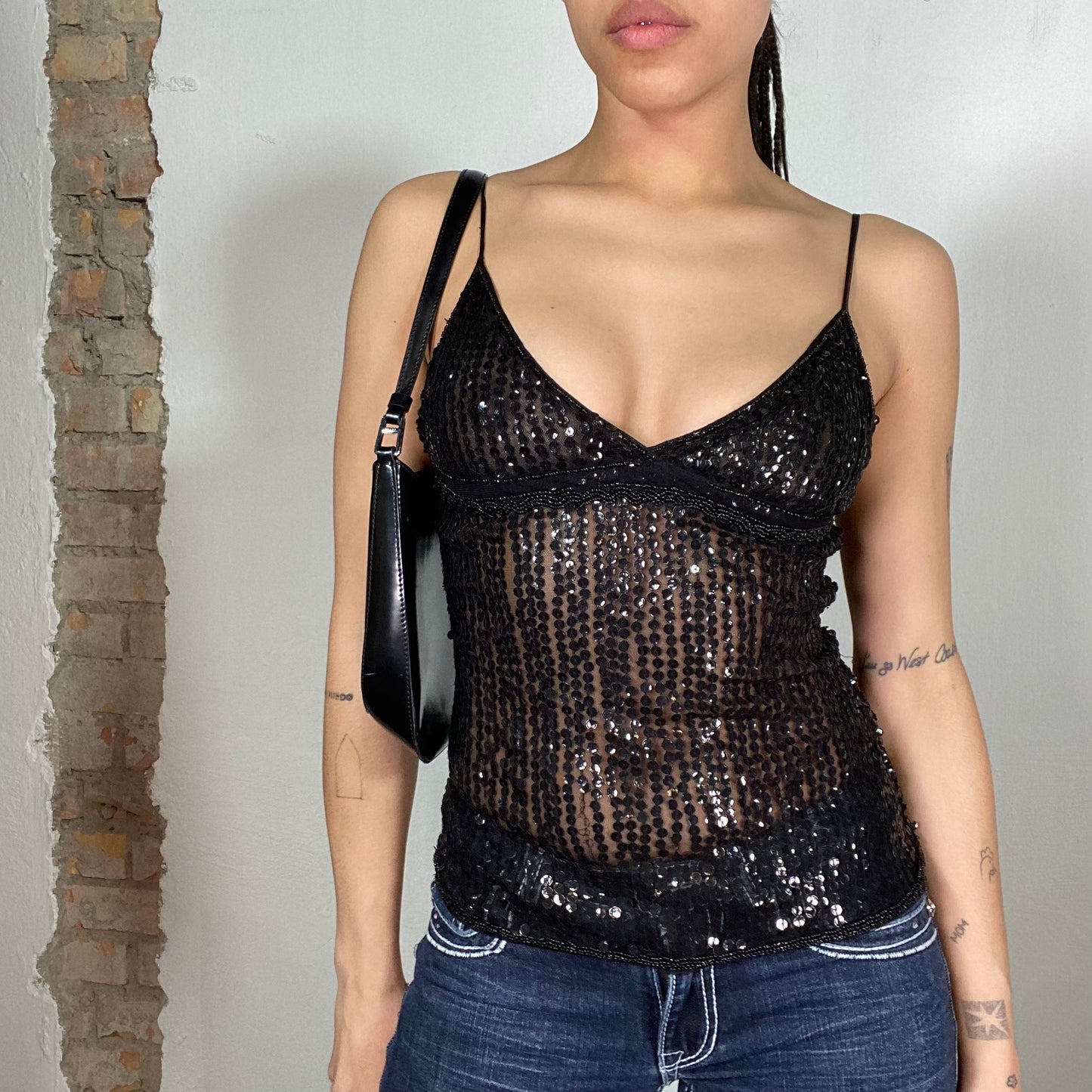 Vintage 2000's Festval Black Sequin Top with Beaded Details (S)