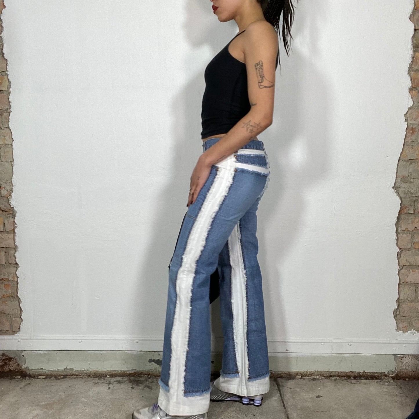 Vintage 2000's Grunge Flared White Pants with Jeans Patches S