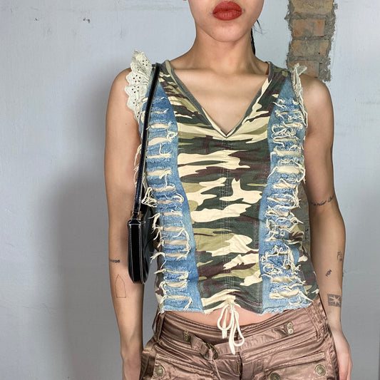 Vintage 2000's Grunge Camo and Denim Tank Top with Distressed Details (S)