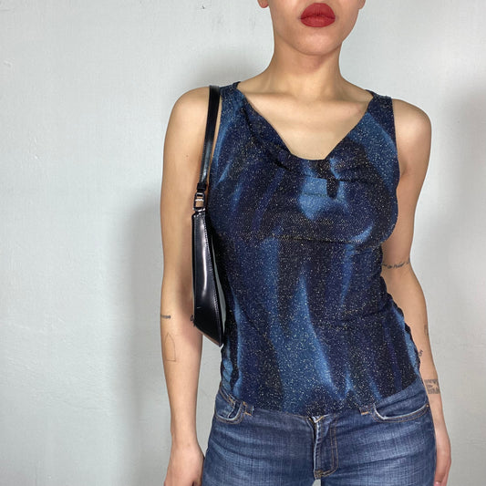 Vintage 2000's Clubwear Black and Blue Smoky Backless Top with Gold Sparkles (S)