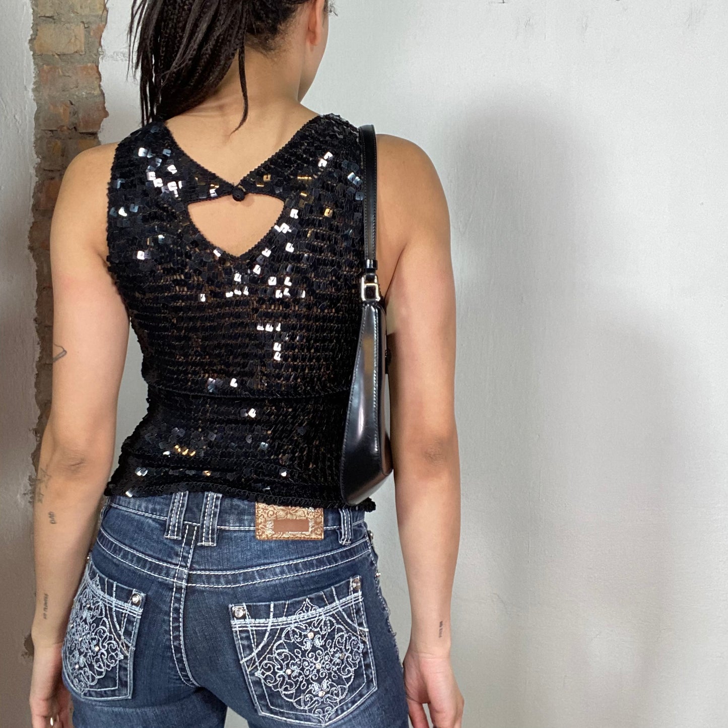 Vintage 2000's Festival Black Sequin Knit Tank Top (S)