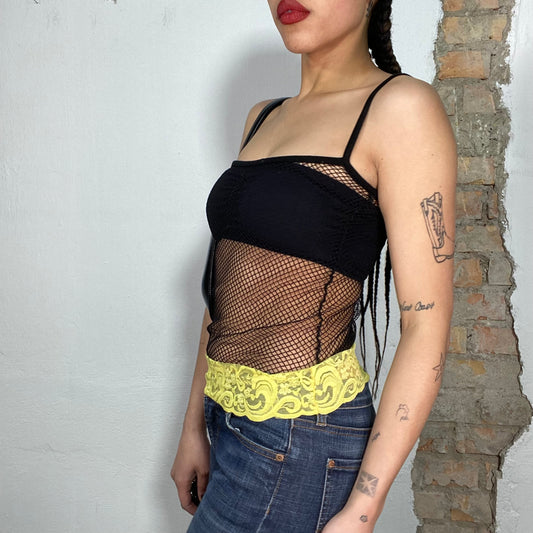Vintage 2000's Funky Net Top with Yellow Lace Bottom Hem (S)