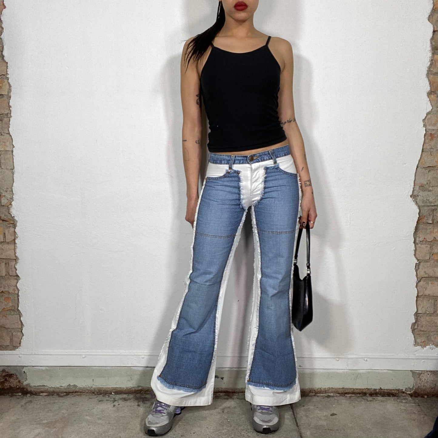 Vintage 2000's Grunge Flared White Pants with Jeans Patches S