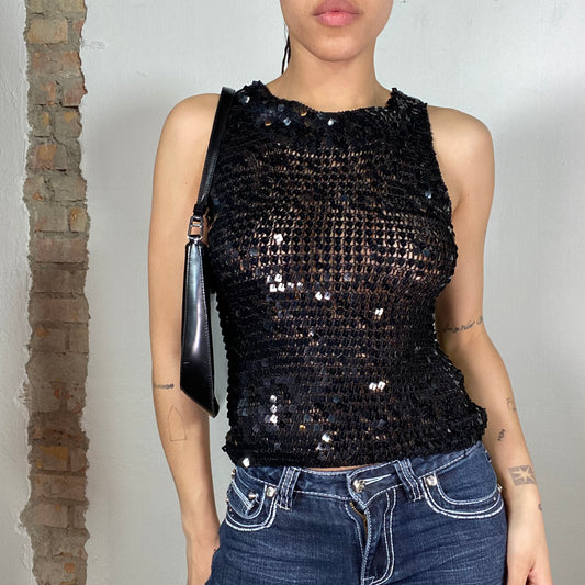 Vintage 2000's Festival Black Sequin Knit Tank Top (S)