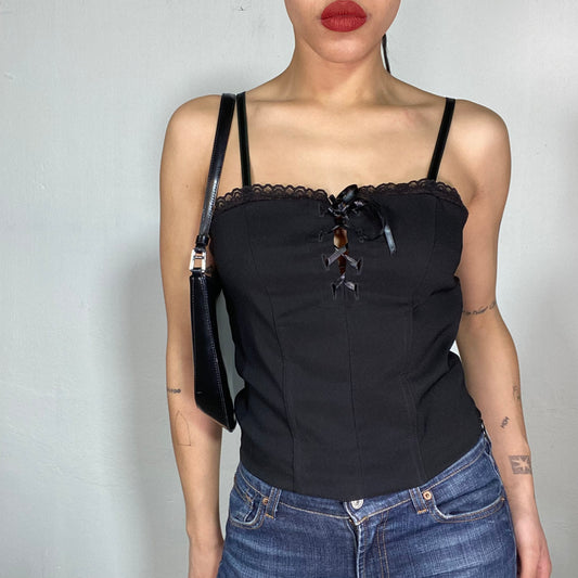 Vintage 90's Gothic Black Corset Top With Lace Trim and Lace Up Detail (S/M)