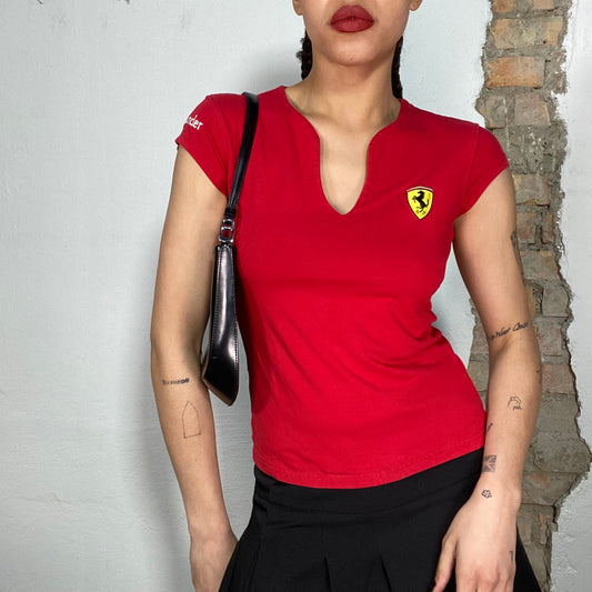 Vintage 2000's Ferrari Red Baby Tee with Logo Patch Detail (S)